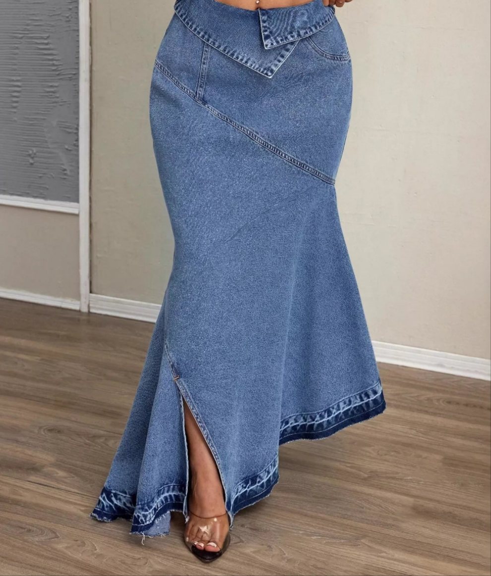 High-Waist Asymmetrical Slit Denim Maxi Mermaid Skirt