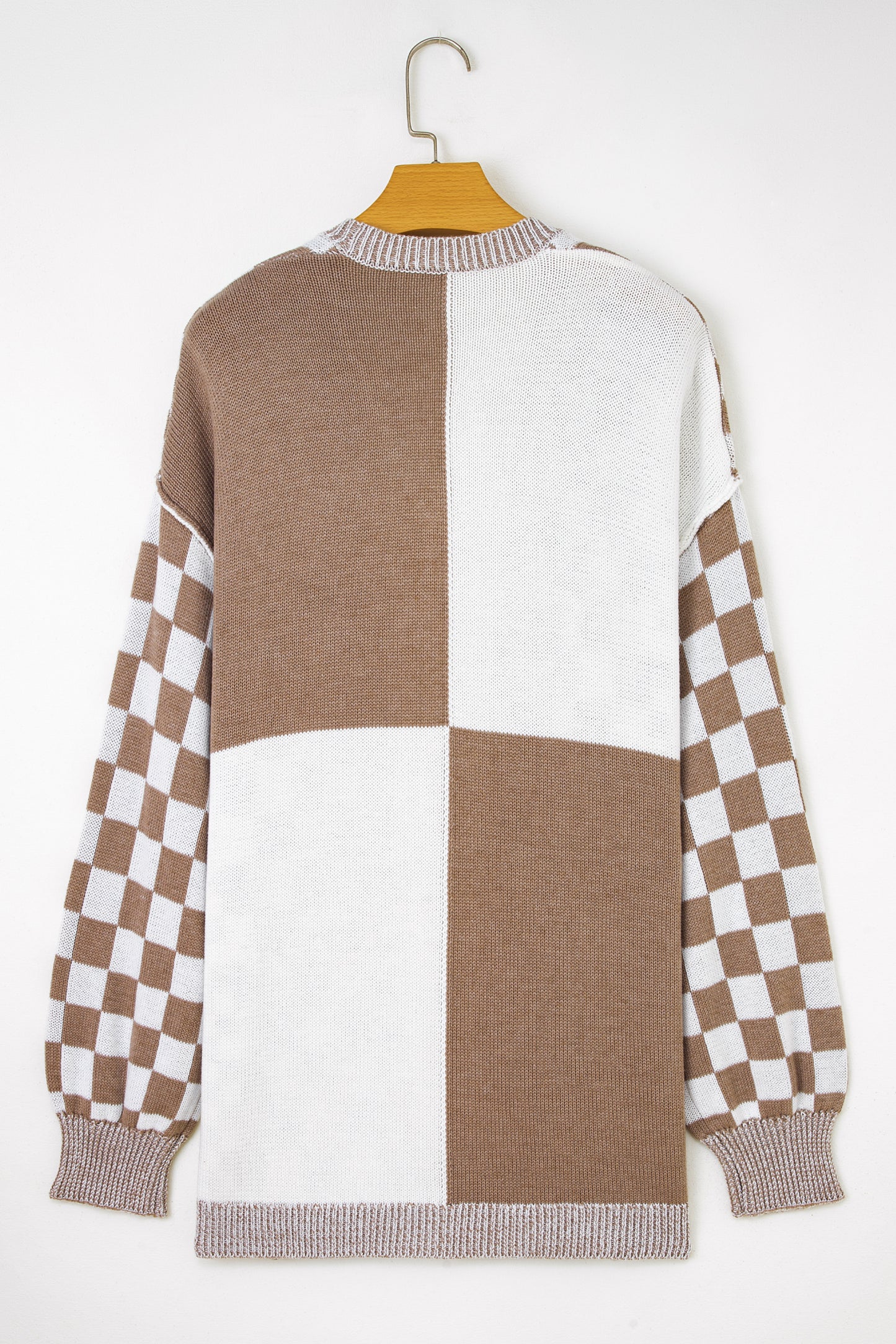 Brown Checkered Bubble Sleeve Drop Shoulder Open Cardigan