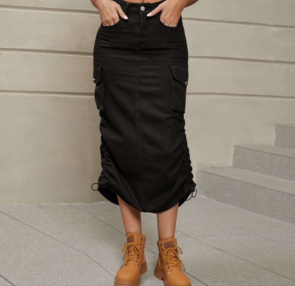 Drawstring Ruched Slit Denim Midi Skirt