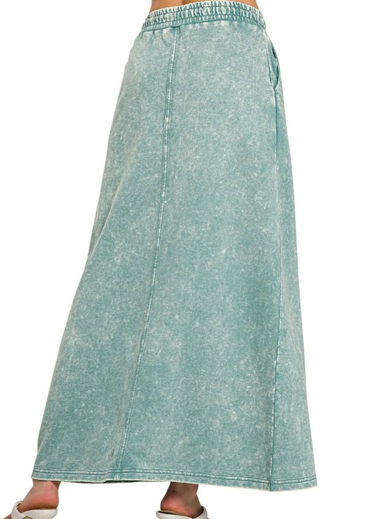 Zenana French Terry Acid Washed Front Slit Long Skirts