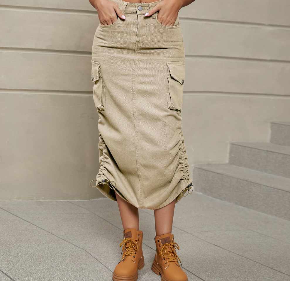 Drawstring Ruched Slit Denim Midi Skirt