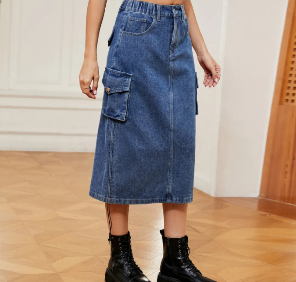 Drawstring Ruched Slit Denim Midi Skirt