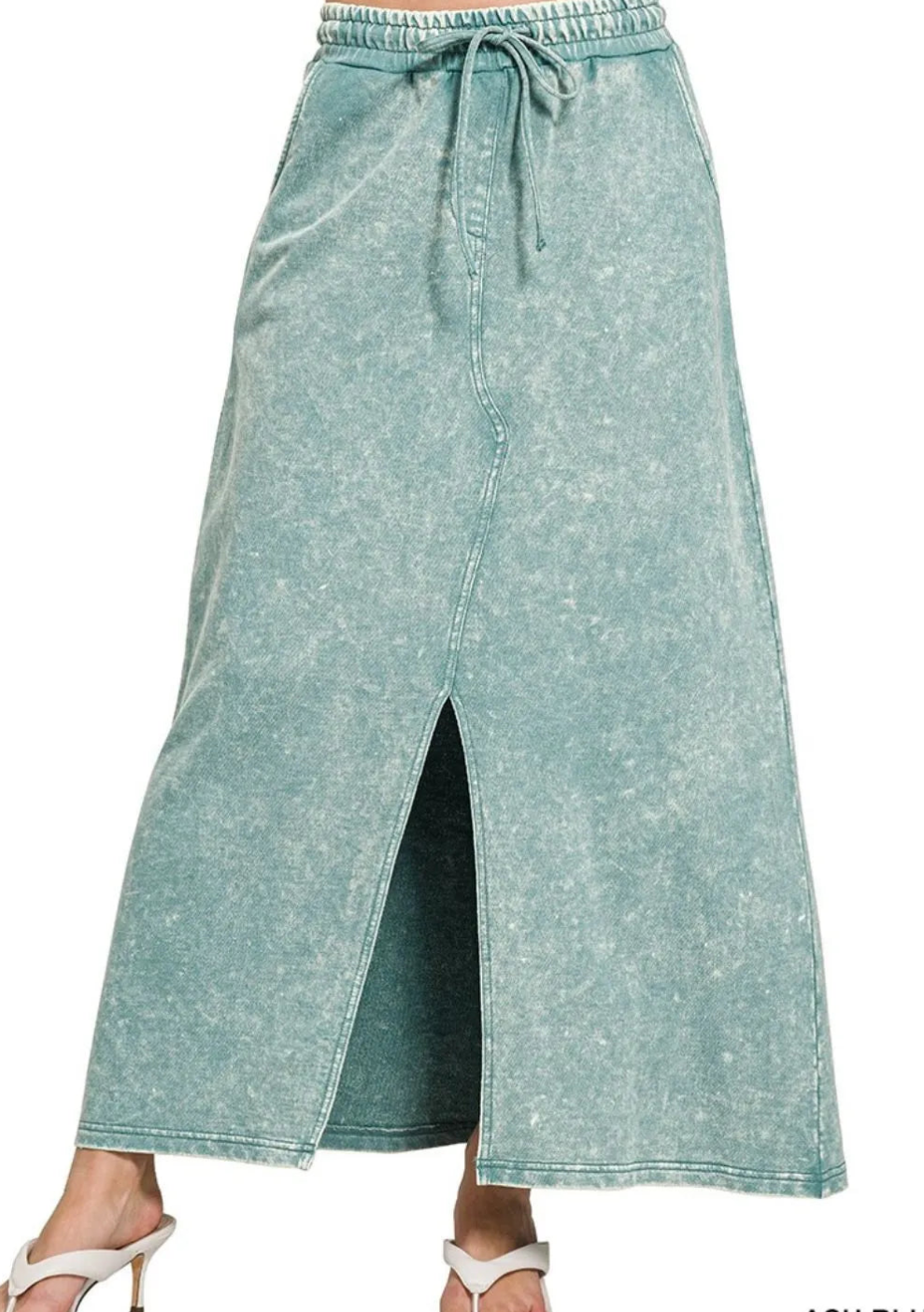 Zenana French Terry Acid Washed Front Slit Long Skirts